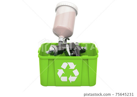 Recycling trashcan with painting spray gun, 3D rendering Recycling trashcan with painting spray gun, 3D rendering 75645231