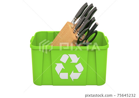 Recycling trashcan with kitchen knives, 3D rendering Recycling trashcan with kitchen knives, 3D rendering 75645232