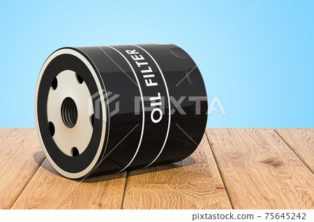Car Oil filterson the wooden planks, 3D rendering 75645242