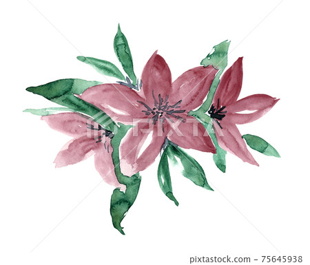 Watercolor maroon flowers with leaves arrangement Watercolor maroon flowers with leaves arrangement 75645938