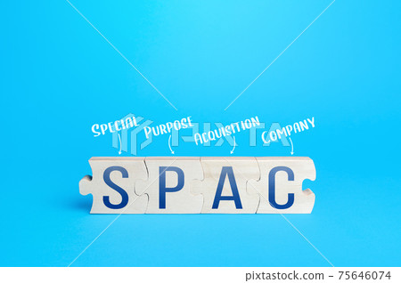 Wooden puzzle blocks with abbreviation SPAC (Special purpose acquisition company). Simplified listing of company, merger bypassing stock exchange IPO. Assessment of benefits and risks of investments Wooden puzzle blocks with abbreviation SPAC (Special purpose acquisition company). Simplified listing of company, merger bypassing stock exchange IPO. Assessment of benefits and risks of investments 75646074