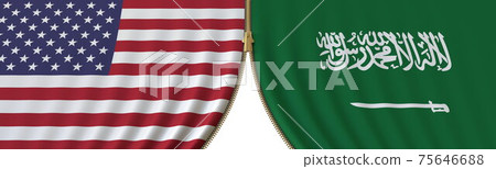 United States and Saudi Arabia cooperation or conflict, flags and closing or opening zipper between them. Conceptual 3D rendering United States and Saudi Arabia cooperation or conflict, flags and closing or opening zipper between them. Conceptual 3D rendering 75646688
