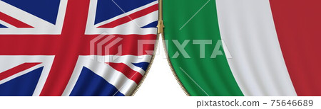 United Kingdom and Italy political cooperation or conflict, flags and closing or opening zipper, conceptual 3D rendering United Kingdom and Italy political cooperation or conflict, flags and closing or opening zipper, conceptual 3D rendering 75646689
