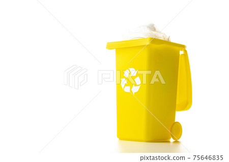 Recycling sorting. Bin container for disposal garbage waste and save environment. Yellow dustbin for recycle plastic trash isolated on white background. 75646835