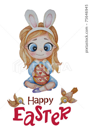 Easter bunny woman. A cute girl in a blue dress with long white hair and bunny ears on her head. She is holding a Easter egg. Vertical postcard with the text Happy Easter. Watercolor. White background 75646945