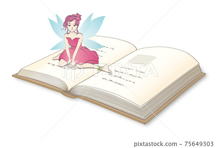 淺藍色的羽毛，坐在一本打開的書上的仙女 75649303