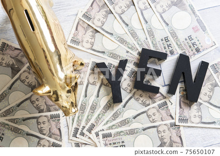 Japanese 10,000 yen bill and piggy bank 75650107