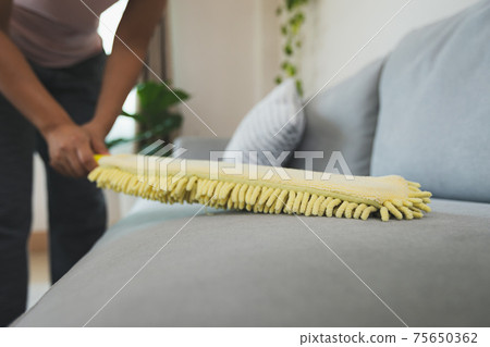 Woman cleaning the sofa with microfiber cloth duster in the living room. Woman doing chores at home. Housekeeping concept. Woman cleaning the sofa with microfiber cloth duster in the living room. Woman doing chores at home. Housekeeping concept. 75650362