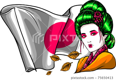 Beautiful Geisha with leaves and japan flag Beautiful Geisha with leaves and japan flag 75650413