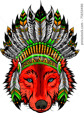 Indian wolf with feathers hat vector illustration Indian wolf with feathers hat vector illustration 75650490