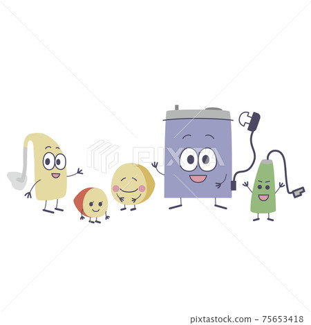 Illustrations of smiling faces of various types of hearing aid characters 75653418