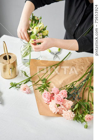 Bouquet 015. step by step installation of flowers in a vase. Flowers bunch, set for home. Fresh cut flowers for decoration home. European floral shop. Delivery fresh cut flower. 75653924