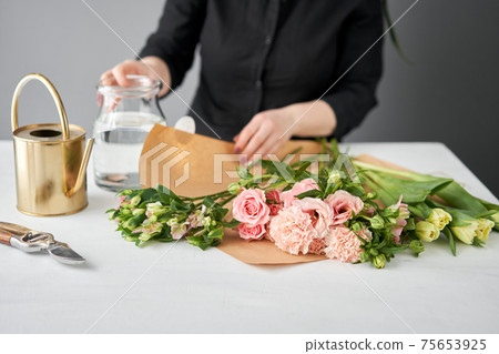 Bouquet 015. step by step installation of flowers in a vase. Flowers bunch, set for home. Fresh cut flowers for decoration home. European floral shop. Delivery fresh cut flower. 75653925