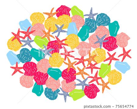 Hand-painted dianthus shell, sea glass and starfish illustration, painting only, oval filling 75654774