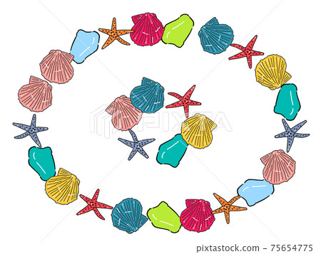 Hand-painted dianthus shell, sea glass and starfish illustration / circle frame set Hand-painted dianthus shell, sea glass and starfish illustration / circle frame set 75654775
