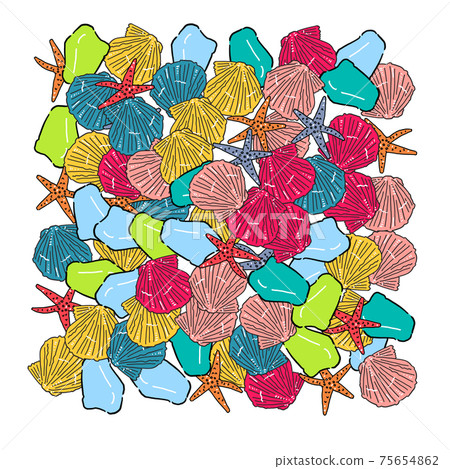 Hand-painted dianthus shell, sea glass, starfish illustration, square filling 75654862