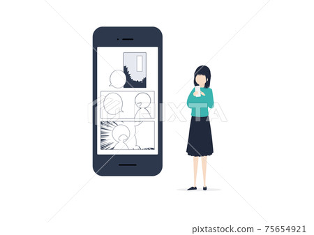Illustration material of a young woman reading manga on a smartphone 75654921
