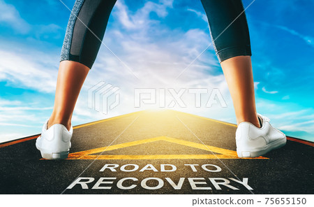 Woman leg ready for Road to recovery concept for business and health concept with blue nature sky background. 75655150