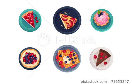 Desserts with Gaufre or Waffle, Tartlet and Cake Served on Plate Vector Set 75655247