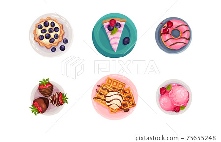 Desserts with Gaufre or Waffle, Tartlet and Cake Served on Plate Vector Set 75655248