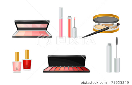 Decorative Cosmetics or Color Cosmetics with Eye Shadow and Facepowder Vector Set 75655249