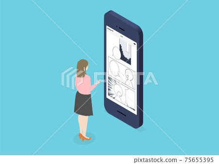 日本女人在智能手機上閱讀漫畫的插圖素材 75655395