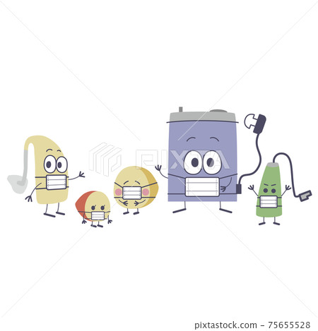 Illustrations of various types of hearing aid characters in masks 75655528