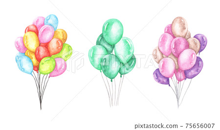 Set of colorful balloons. Watercolor illustration. Set of colorful balloons. Watercolor illustration. 75656007