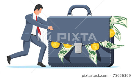 Businessman pushes huge briefcase with money. Businessman pushes huge briefcase with money. 75656369
