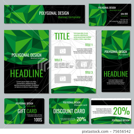 Corporate identity template with green polygonal elements 75656542