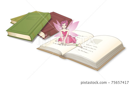 童話,粉紅色的羽毛,坐在一本打開的書 童話,粉紅色的羽毛,坐在一本打開的書 75657417