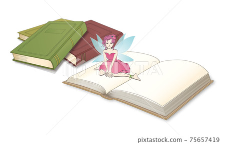 淺藍色的羽毛,坐在一本打開的書上的仙女 淺藍色的羽毛,坐在一本打開的書上的仙女 75657419