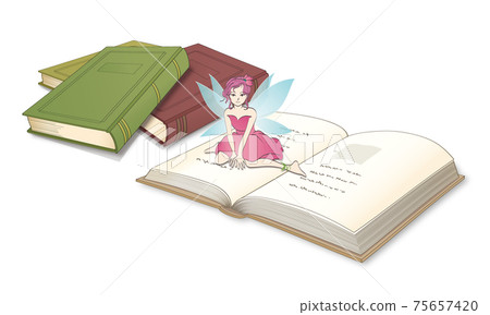淺藍色的羽毛,坐在一本打開的書上的仙女 淺藍色的羽毛,坐在一本打開的書上的仙女 75657420
