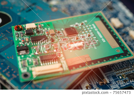E-waste electronic, computer circuit cpu chip mainboard core processor electronics device, concept of data, hardware, technician and technology. 75657473