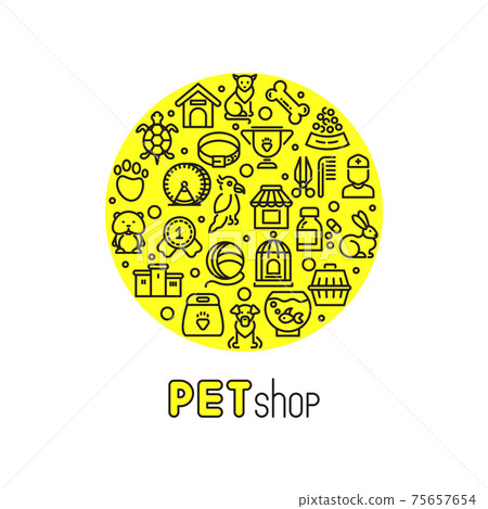 Pet shop and vet clinic logo with line icons of cats, dogs, goods for animals 75657654