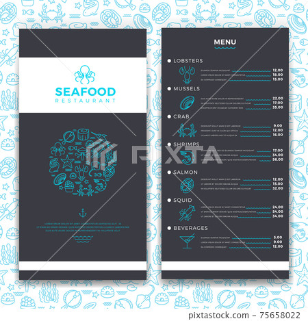 Modern seafood restaurant, cafe brochure menu template with line sea food icons 75658022