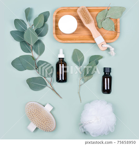 Essential oils, facial creme container and massage brushes with natural eucalyptus leaves on green background. Beauty products, massage tools, facial skin care, spa beauty treatment concept. Flat lay Essential oils, facial creme container and massage brushes with natural eucalyptus leaves on green background. Beauty products, massage tools, facial skin care, spa beauty treatment concept. Flat lay 75658950