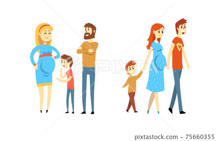 Happy Family Couples Expecting Baby Set, Dad, Pregnant Mother and Their Son Cartoon Vector Illustration 75660355