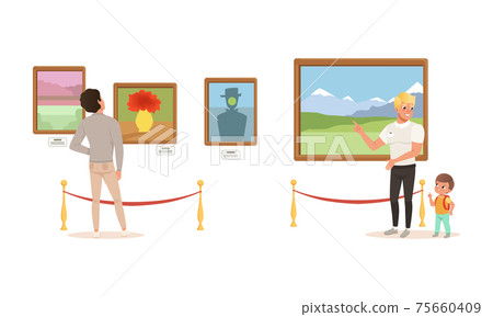 People Admiring Paintings at Exhibition, Visitors Viewing Exhibits at Classic Art Gallery or Museum Cartoon Vector Illustration 75660409