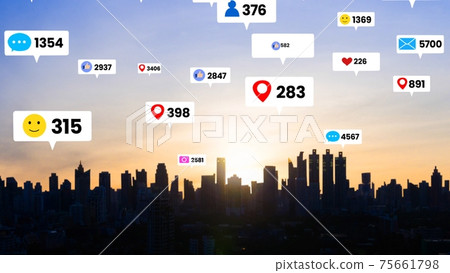 Social media icons fly over city downtown showing people engagement connection Social media icons fly over city downtown showing people engagement connection 75661798