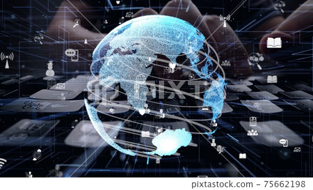 Man working on computer keyboard with graphic of internet networ 75662198