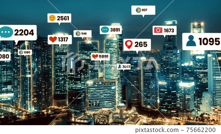 Social media icons fly over city downtown showing people engagement connection 75662200