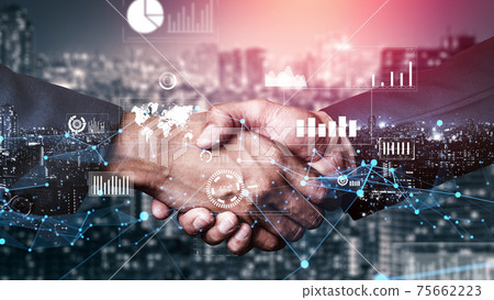 Imaginative visual business handshake with computer graphic of investment data 75662223