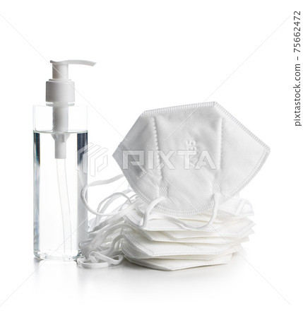 Coronavirus prevention hand sanitizer and kn95 respirator mask. Hand disinfectant gel in pump bottle. 75662472