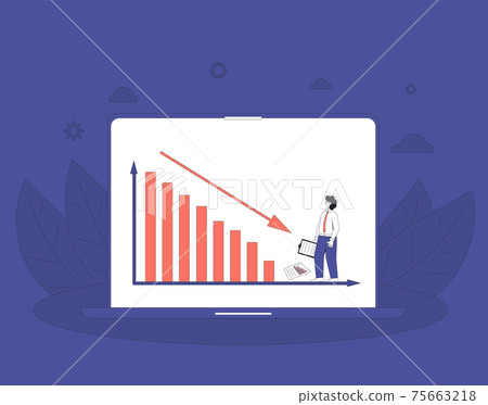 Stock market crash. Investment global crisis concept. Young man with share price fall chart. on laptop screen. Vector line art illustration. Stock market crash. Investment global crisis concept. Young man with share price fall chart. on laptop screen. Vector line art illustration. 75663218