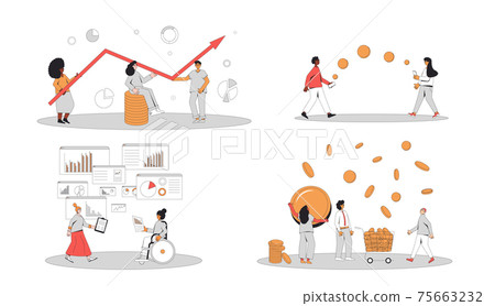 Financial and business analytics set. Different characters with money  and graphs isolated on white background. Budget, business advisor, investors, donation, online payment. People with income. Financial and business analytics set. Different characters with money  and graphs isolated on white background. Budget, business advisor, investors, donation, online payment. People with income. 75663232