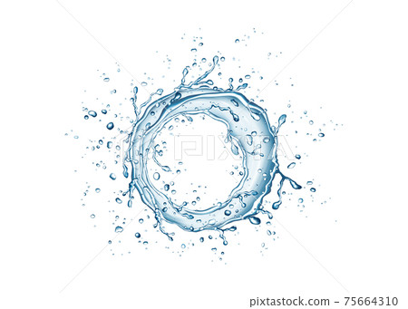 Blue circle water splash and drops isolated on white  background. 75664310