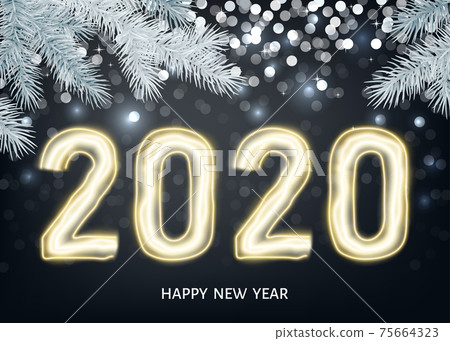 2020 happy New Year black background with golden neon number. 75664323