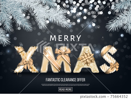 Christmas greeting card with golden letters, gift bow. Christmas greeting card with golden letters, gift bow. 75664352