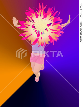 Illustration of happy young girl jumping isolated on spring or summer background. 75664756